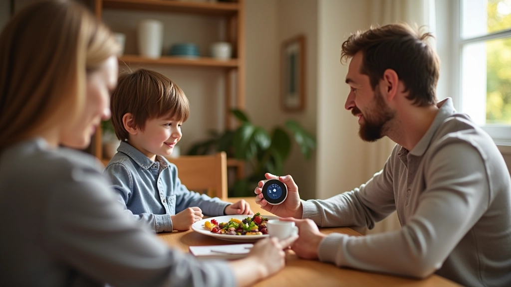 Famille discutant ensemble autour d'une table avec des documents d'économies d'énergie et un thermostat intelligent