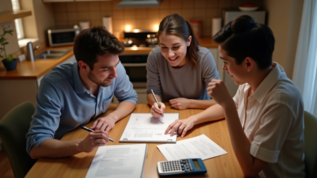 Famille autour d'une table examinant des documents budgétaires avec des notes et des calculs