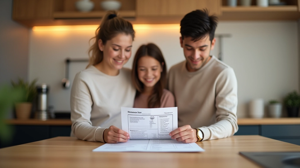 Famille dans une cuisine moderne, regardant une facture d'électricité ensemble, discutant du budget énergétique du ménage