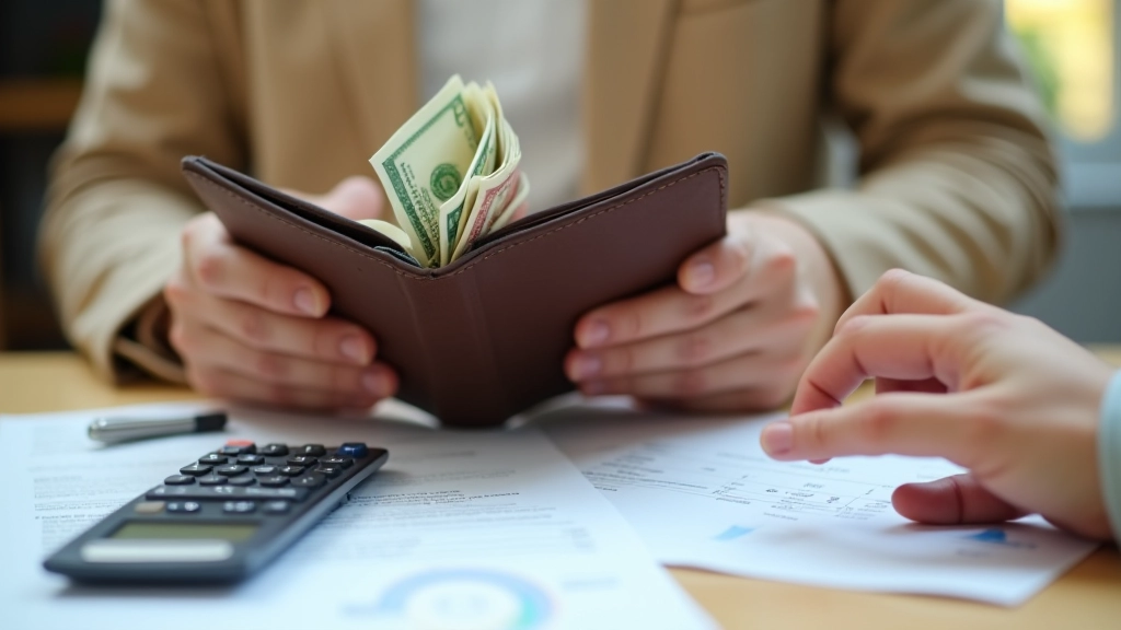 Portefeuille ouvert avec des billets et des pièces, calculatrice et facture énergétique à côté